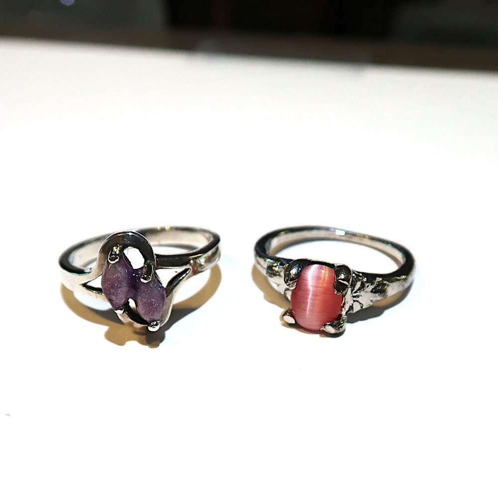 925 Sterling Silver Purple Pink Stone Ring With Bonus Band Set Sz 6.25 & 7.25